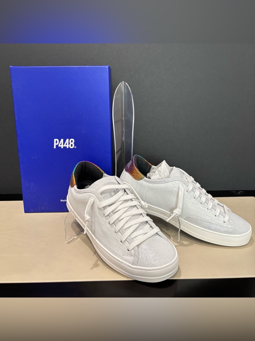 P448 Leather Sneaker Johnny Dama Low-Top w/Iridescent Heel Tab, Size 37, Rainbow